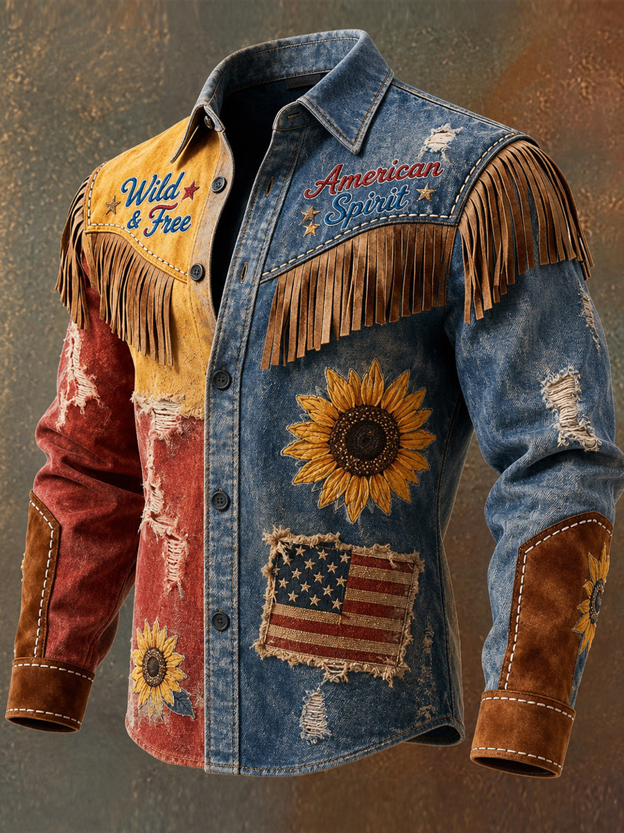 Men's Retro USA Old Glory Art Print Western Vintage Tassel Casual Long Sleeve Shirt