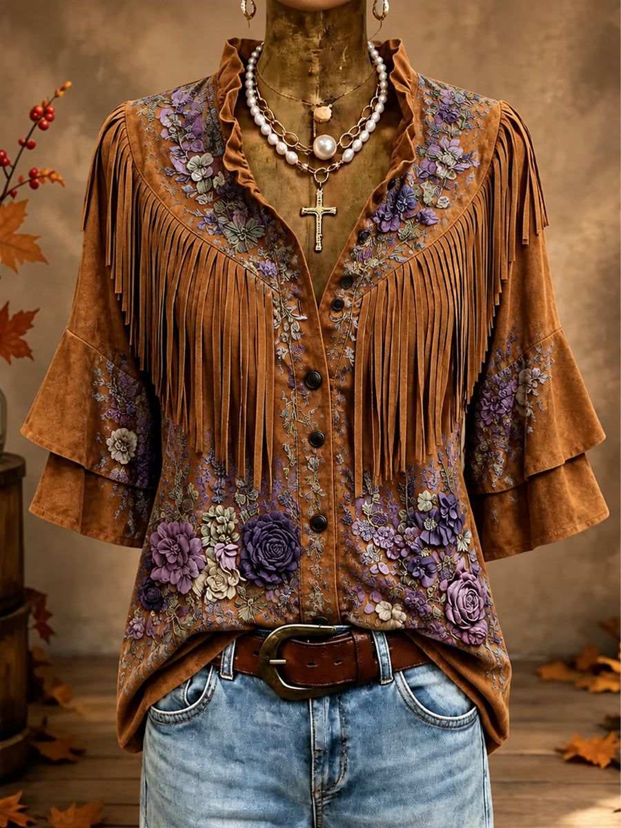 Vintage Ruffle Neck Button Up Tassel Design Suede Top