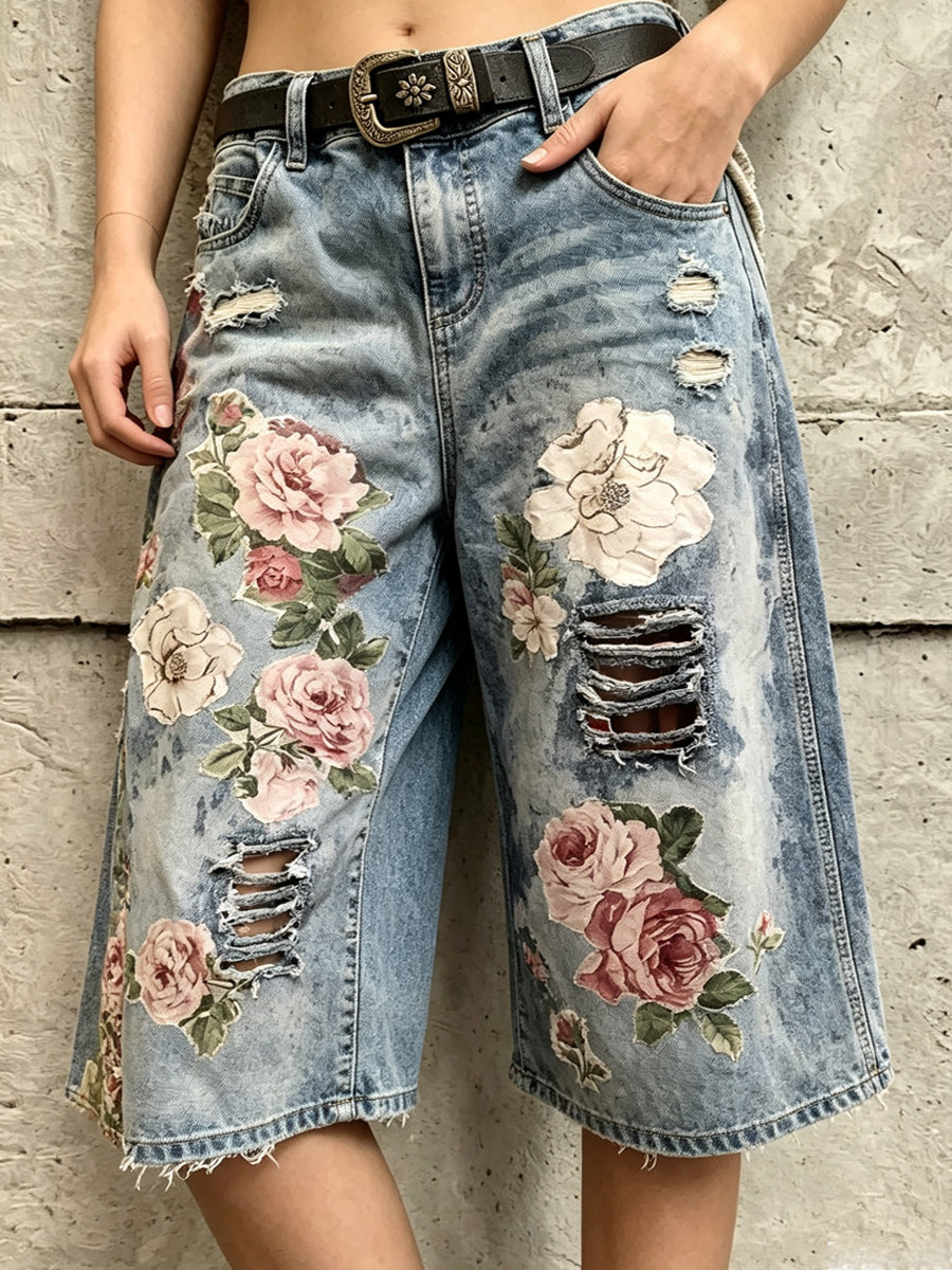 Retro Style Art Print Vintage Casual Denim Fifth Pants