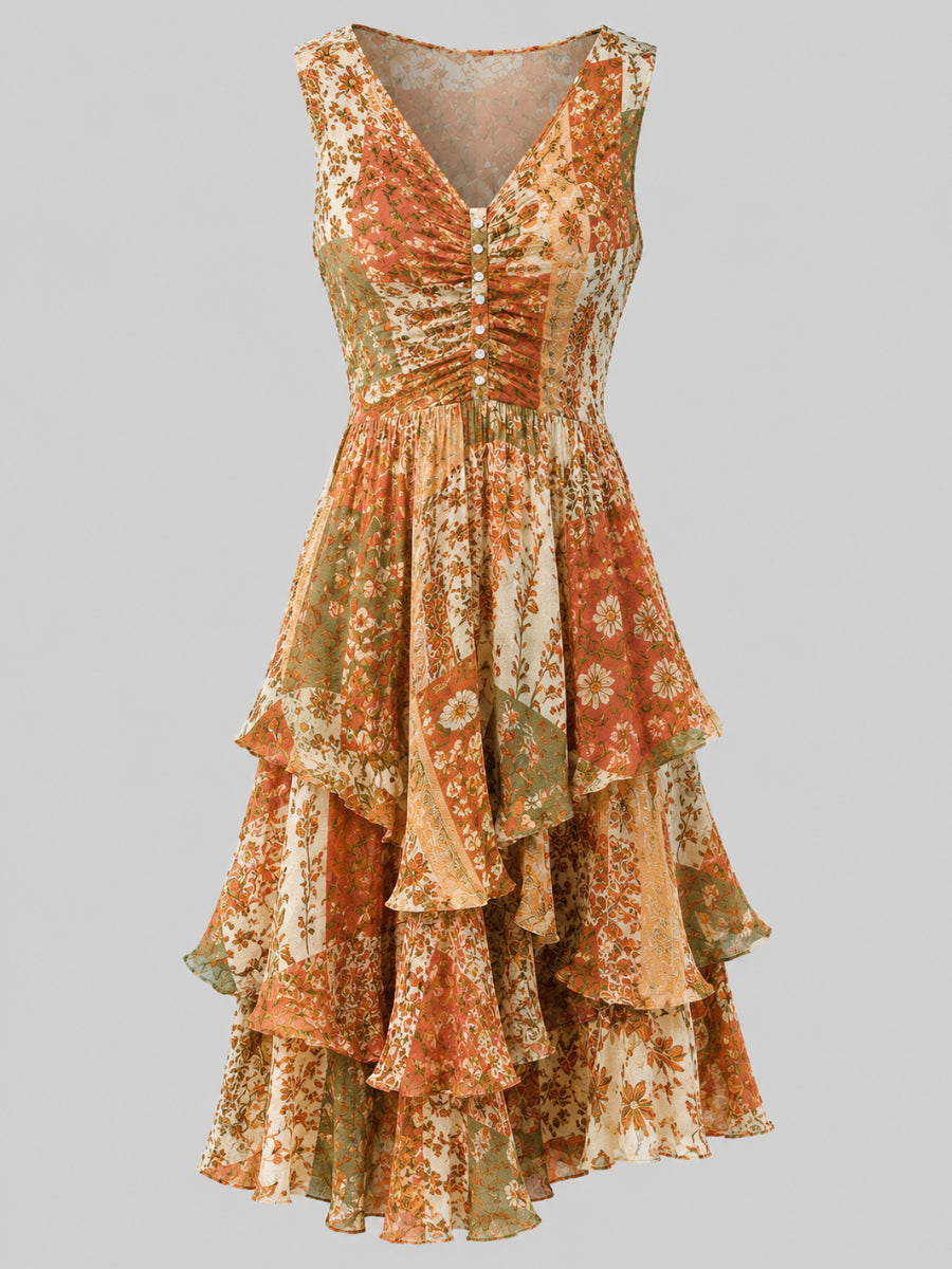 Floral Art Printed Vintage V-Neck Sleeveless Midi Dress