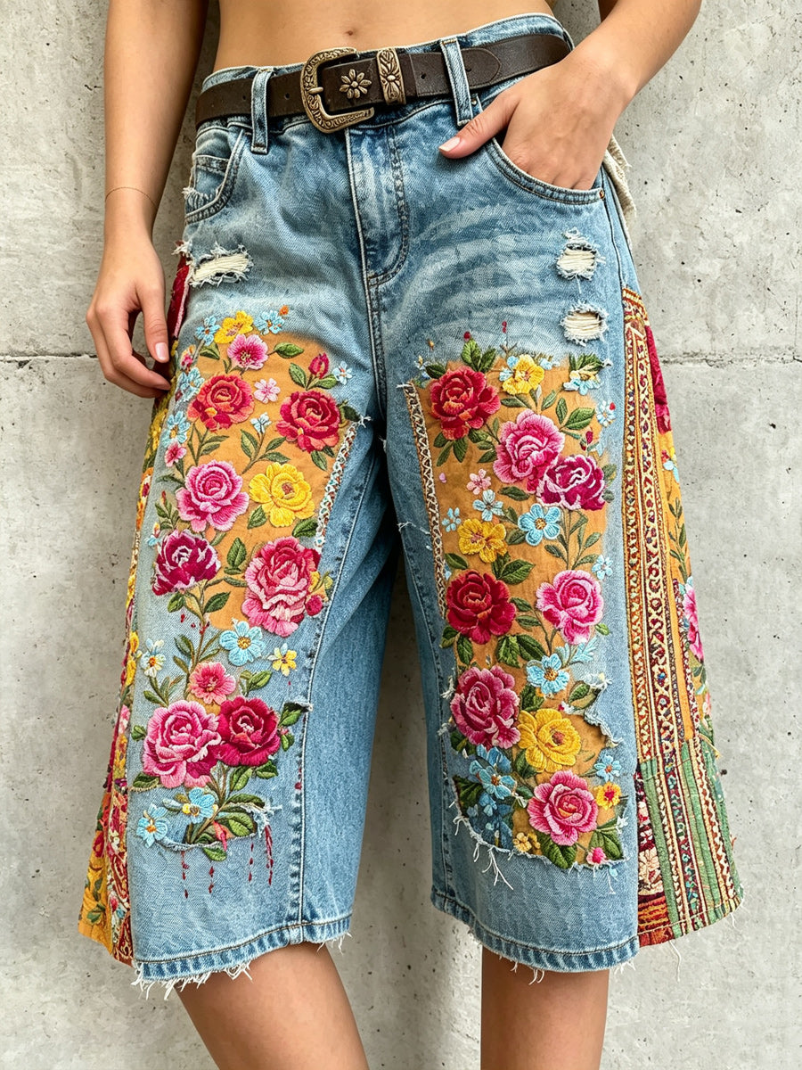 Retro Style Art Print Vintage Casual Denim Fifth Pants