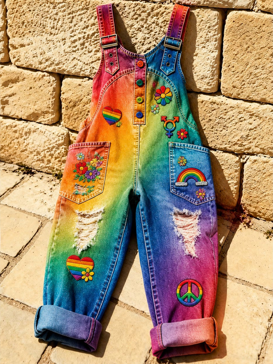 Women's Retro Pride Month Rainbow Art Print Washed Cotton Denim Patchwork Jumpsuit