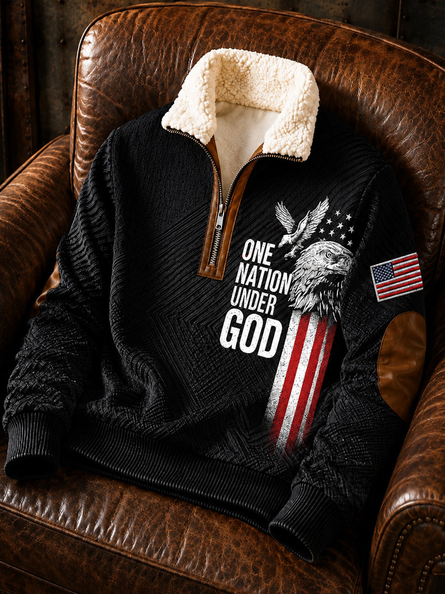 Men's Retro Style Art Print Jacquard Fabric Zipper Fur Collar Long Sleeve Sweatshirt