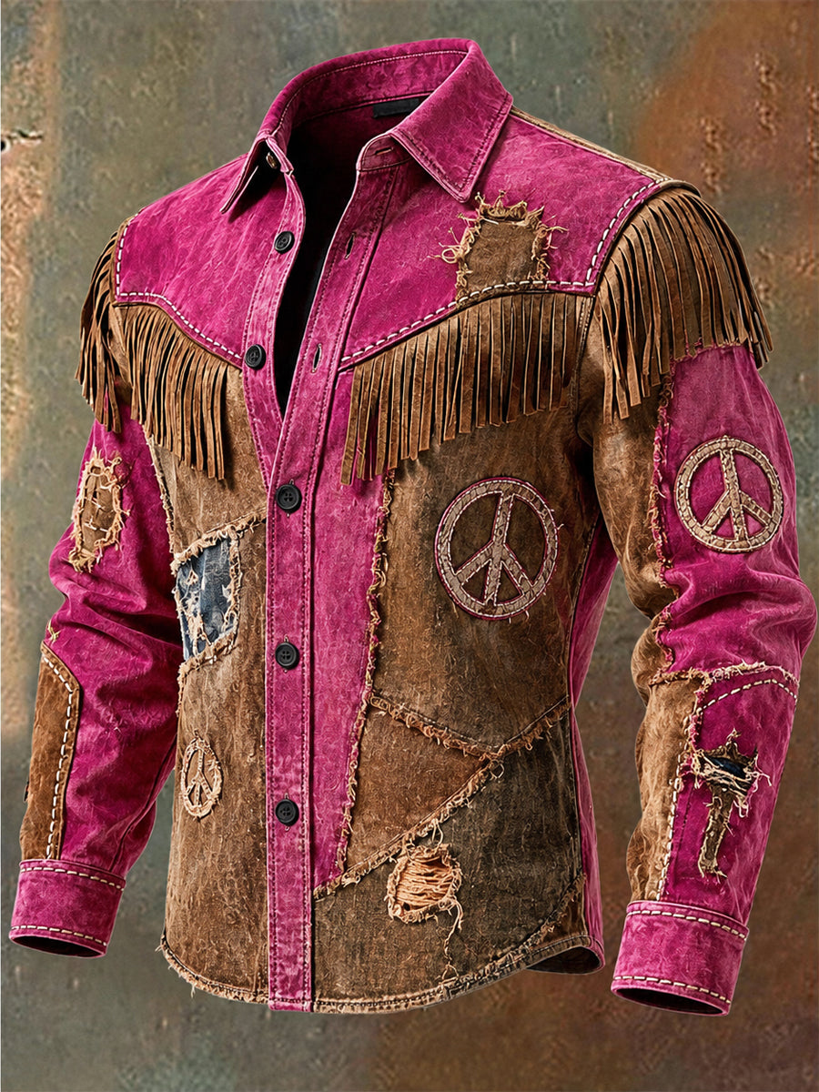 Men's Retro Hippie Art Print Western Vintage Tassel Casual Long Sleeve Shirt