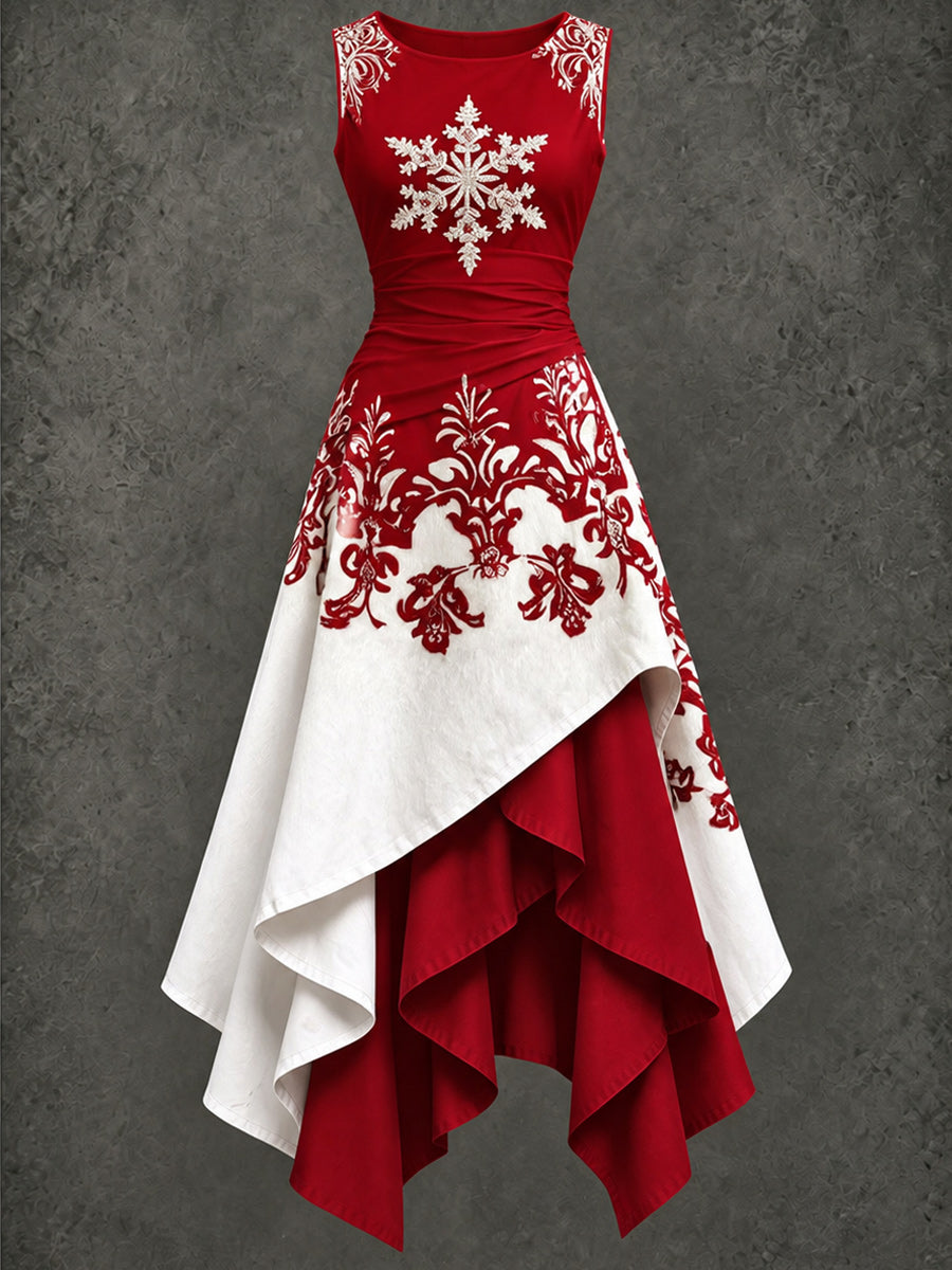 Retro Christmas Art Printed Vintage Sleeveless Irregularly Layered Stitched Midi Dress