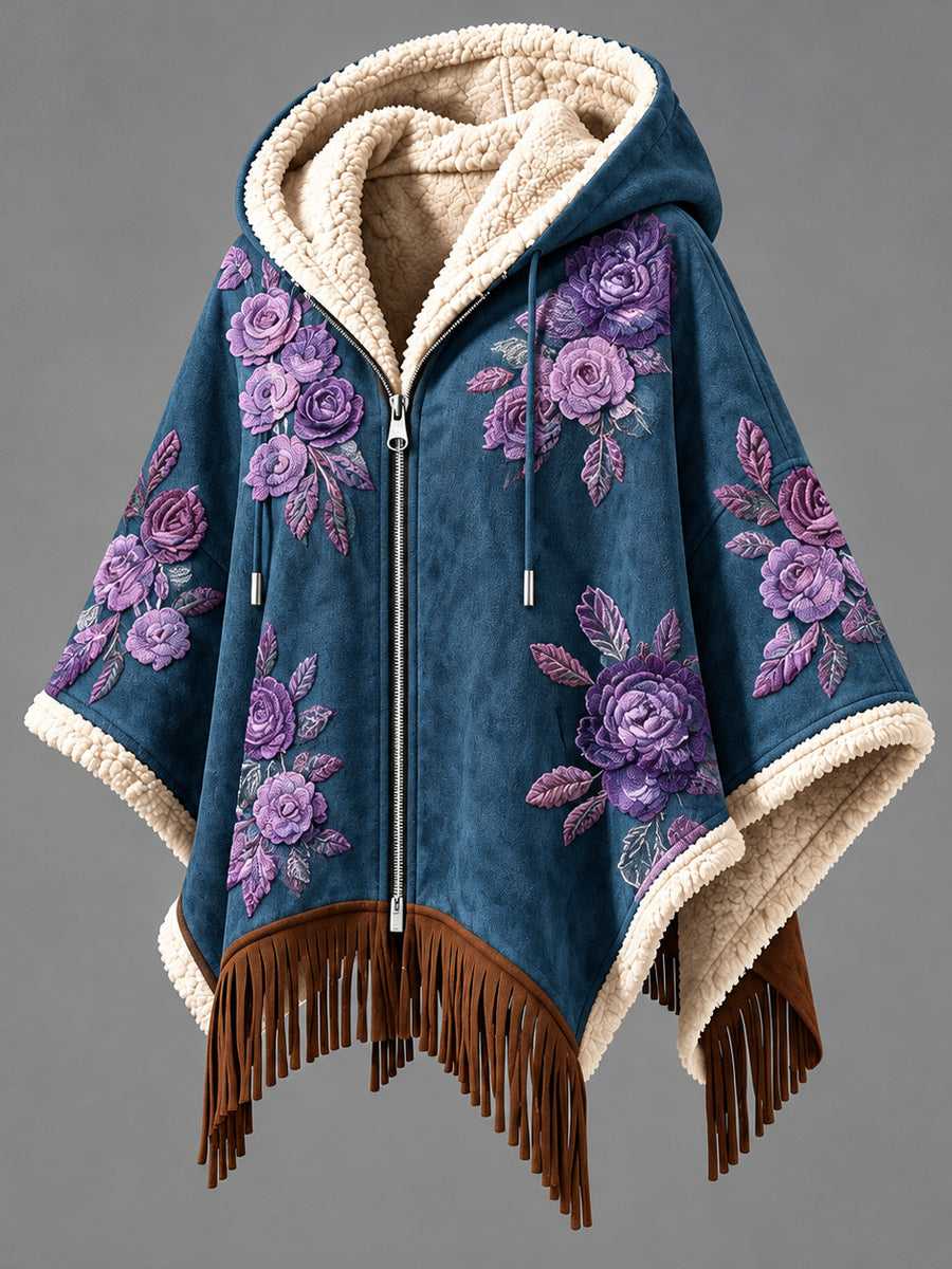 Women's Fall Winter Vintage Art Fleece-Lined Hooded Fringe Poncho