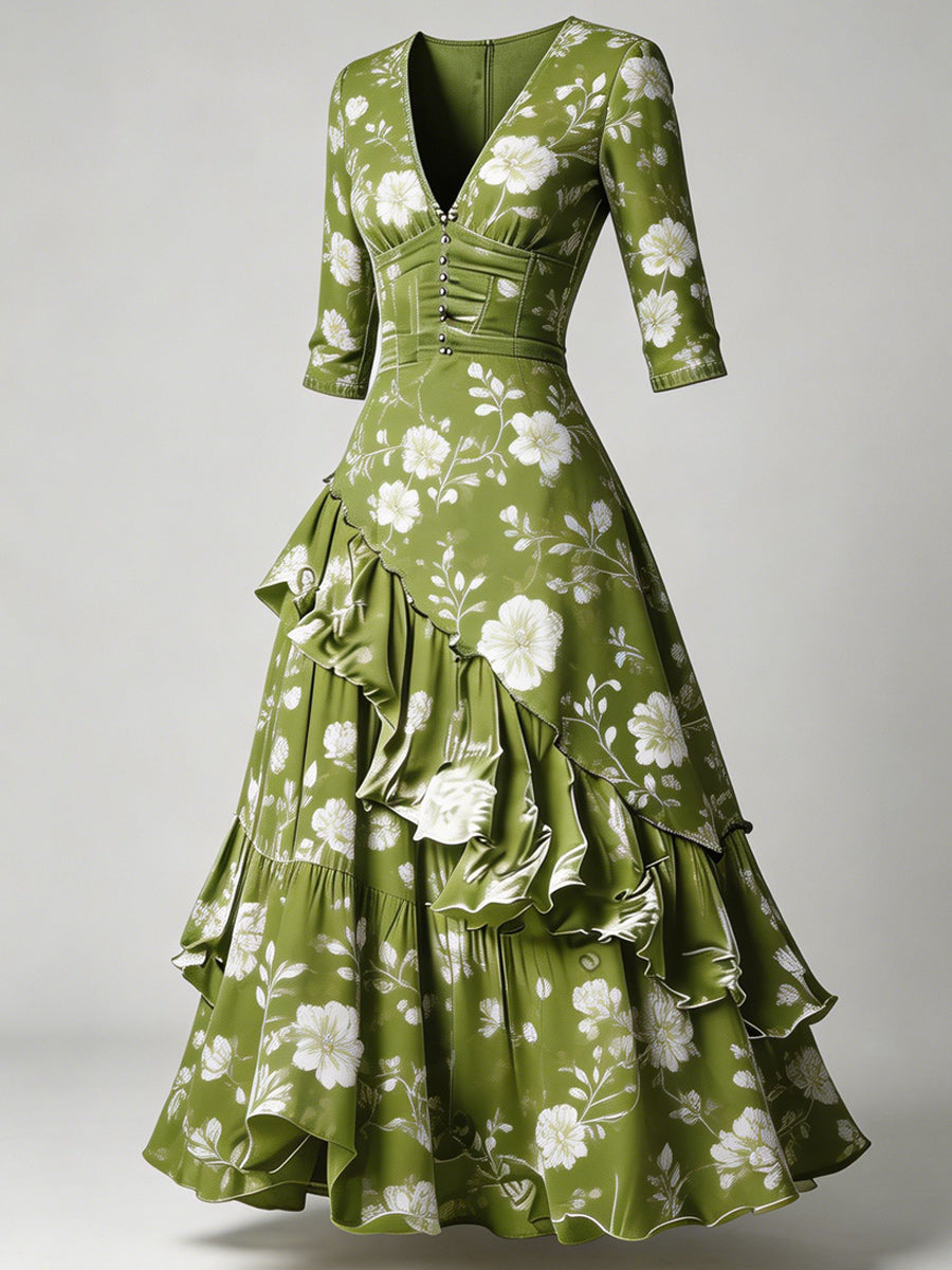 Retro Floral Art Printed V-Neck Vintage Casual Maxi Dress