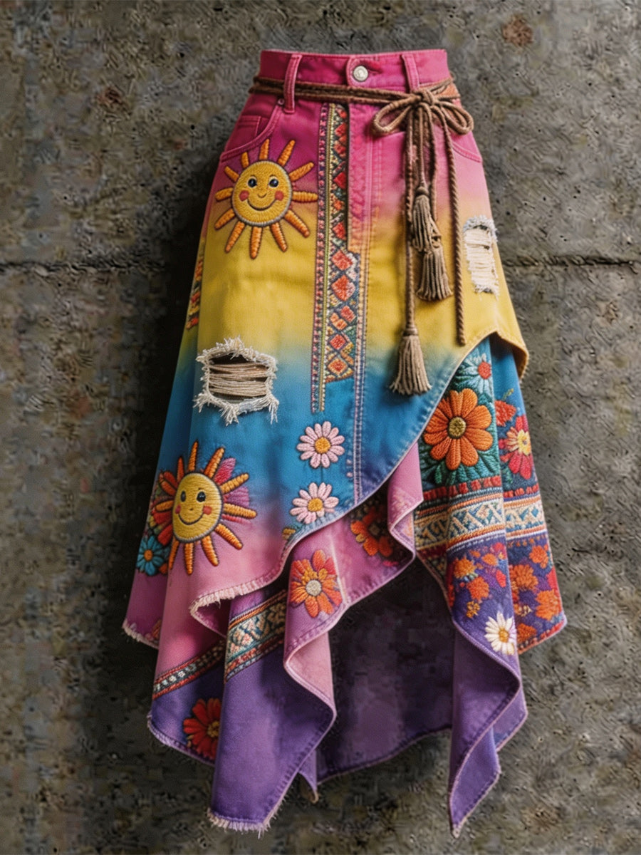 Women's Retro Style Art Print Irregularly Layered Stitched Skirt