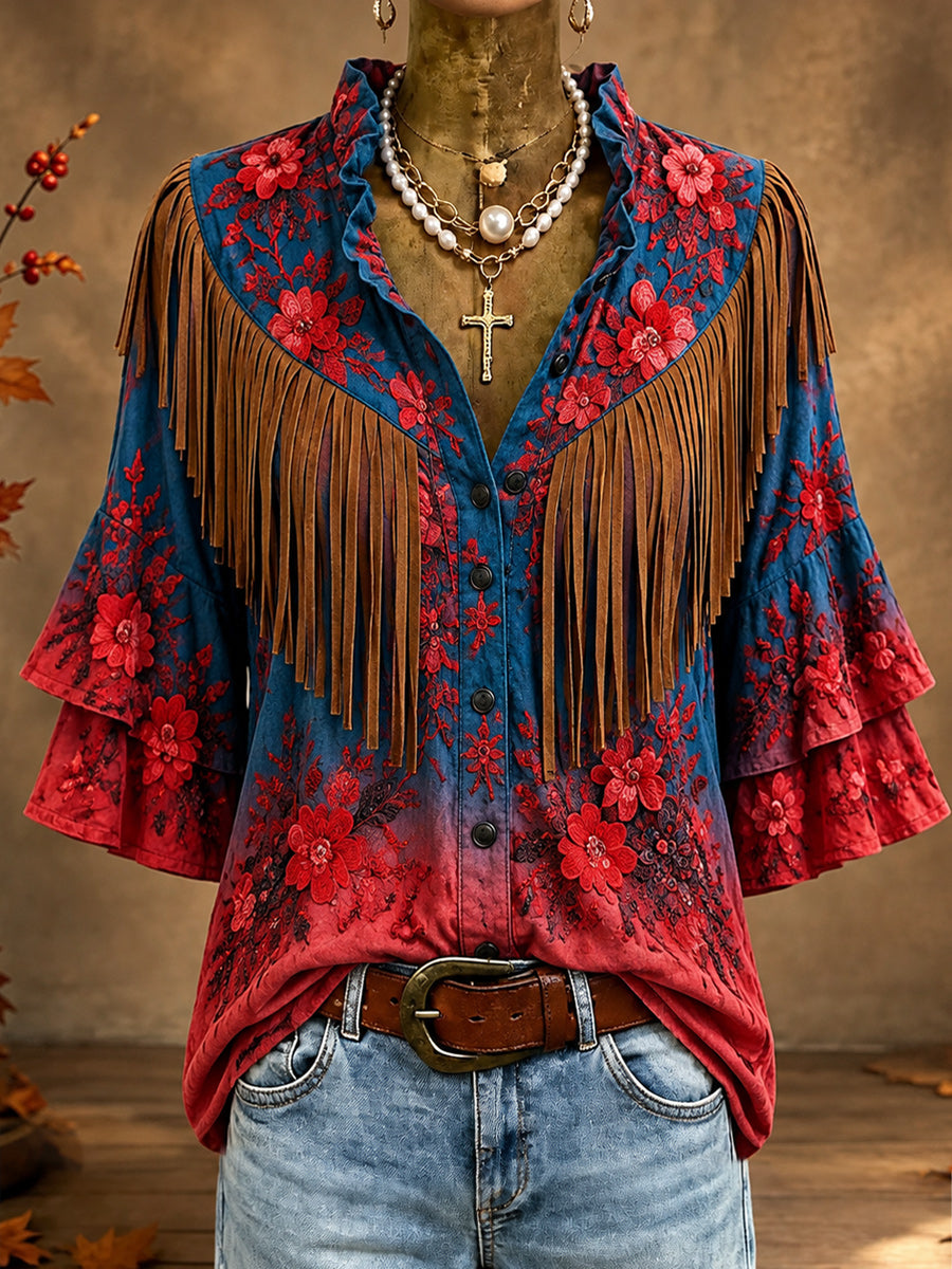 Vintage Ruffle Neck Button Up Tassel Design Suede Top