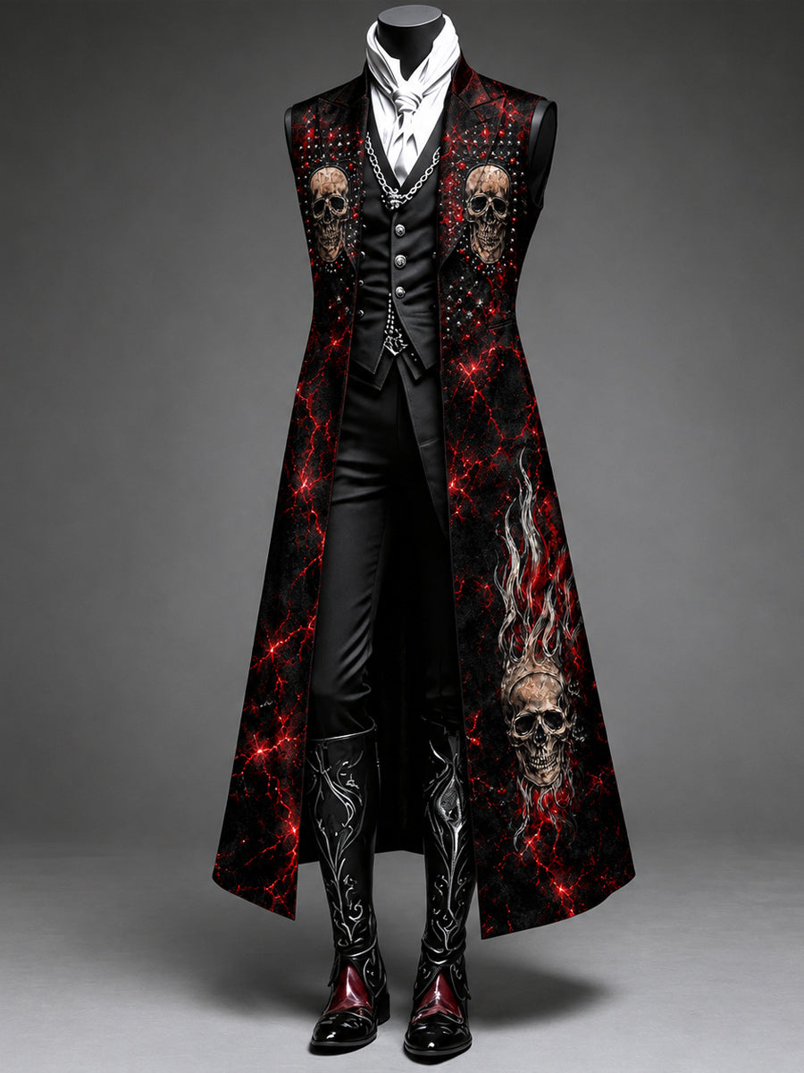 Men's Gothic Punk Art Print Casual Sleeveless Long-Style Suit Blazer Jacket