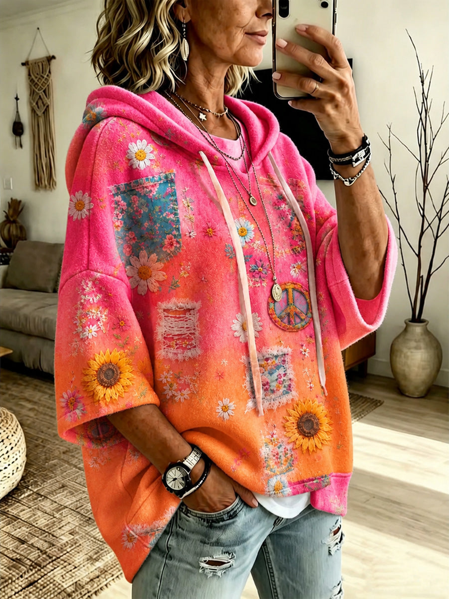 Retro Style Art Printed Casual Short Sleeve Hooded Drawstring Loose Top