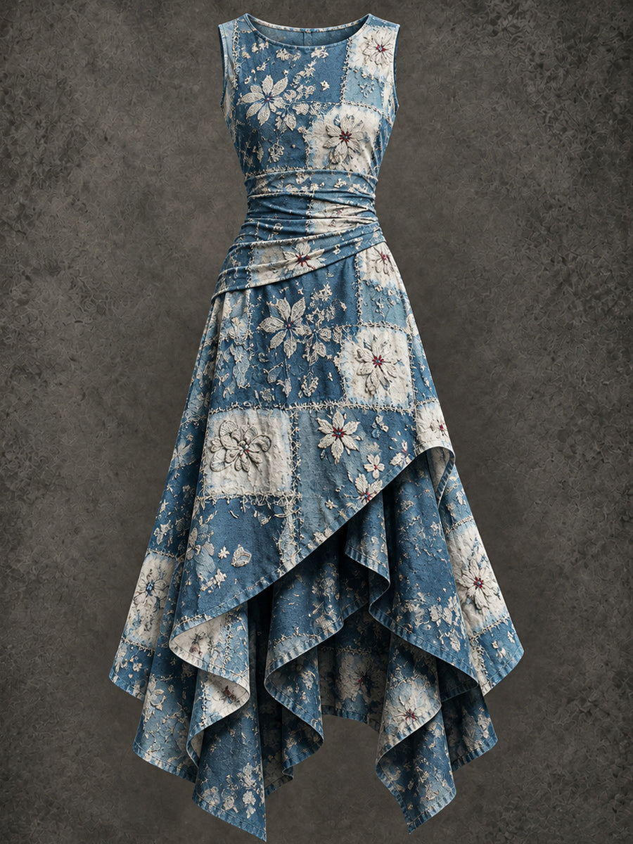 Retro Art Printed Vintage Sleeveless Irregularly Layered Stitched Midi Dress