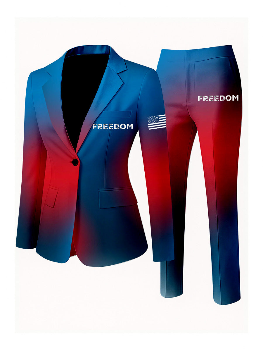 Women's Freedom American Flag Print Casual Blazer Trousers Two-Piece Suits
