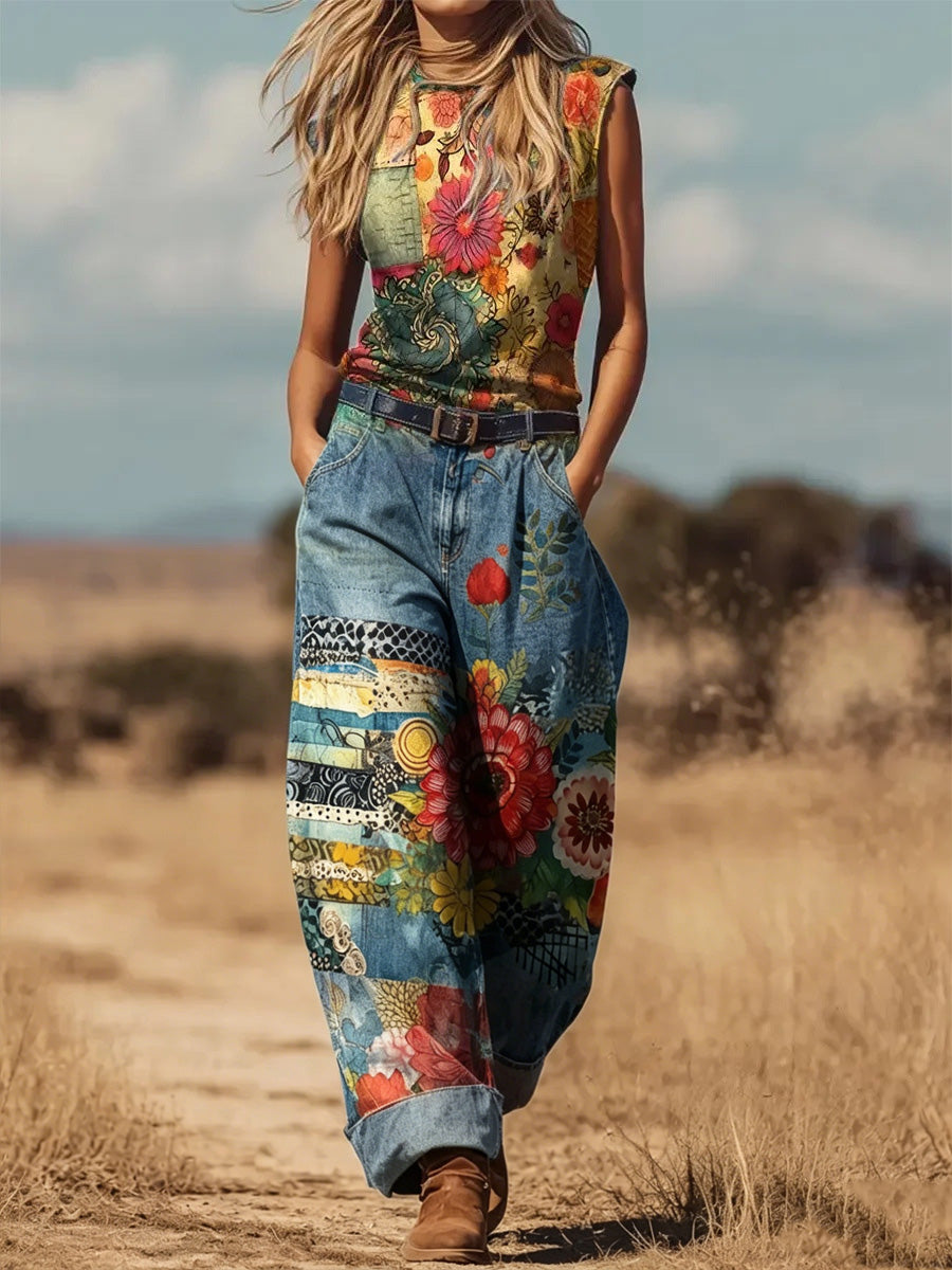 Women's Retro Floral Color-Blocked Art Print Round Neck Denim Patchwork Jumpsuit