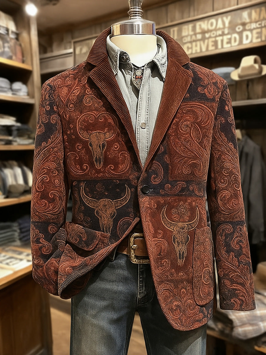 Men's Retro Western Art Print Casual Pocket Blazers