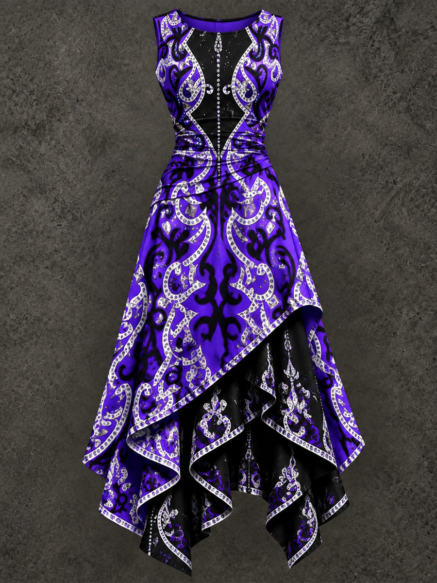 Retro Art Printed Vintage Sleeveless Irregularly Layered Stitched Midi Dress