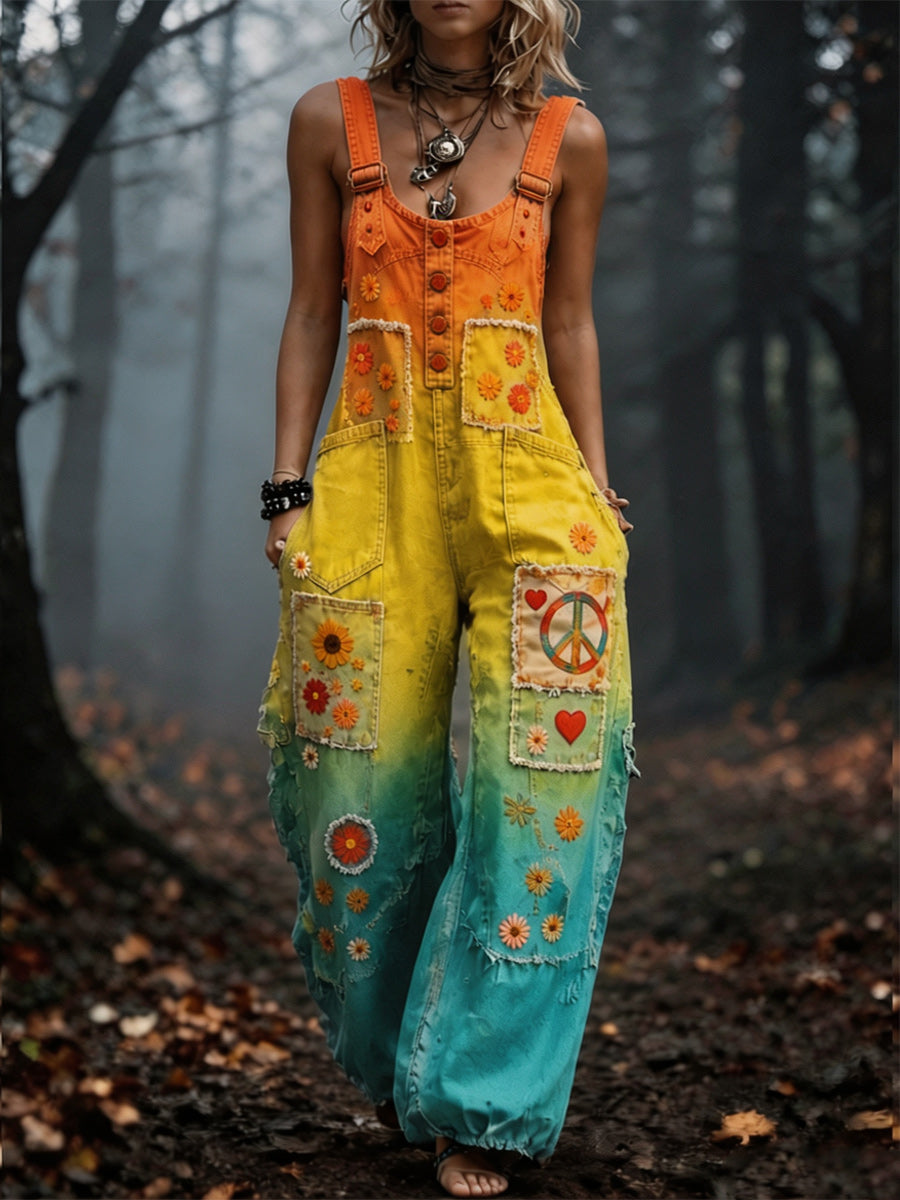 Women's Retro Style Art Print Washed Cotton Denim Patchwork Jumpsuit
