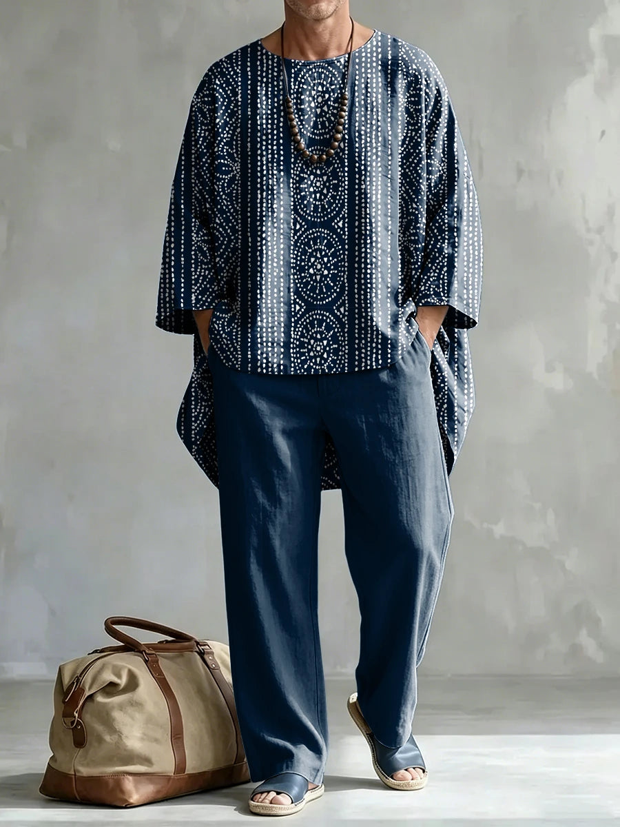 Men's Fashionable Retro Stripes Print Casual Comfort Crew Neck Top And Pants Two-piece Set