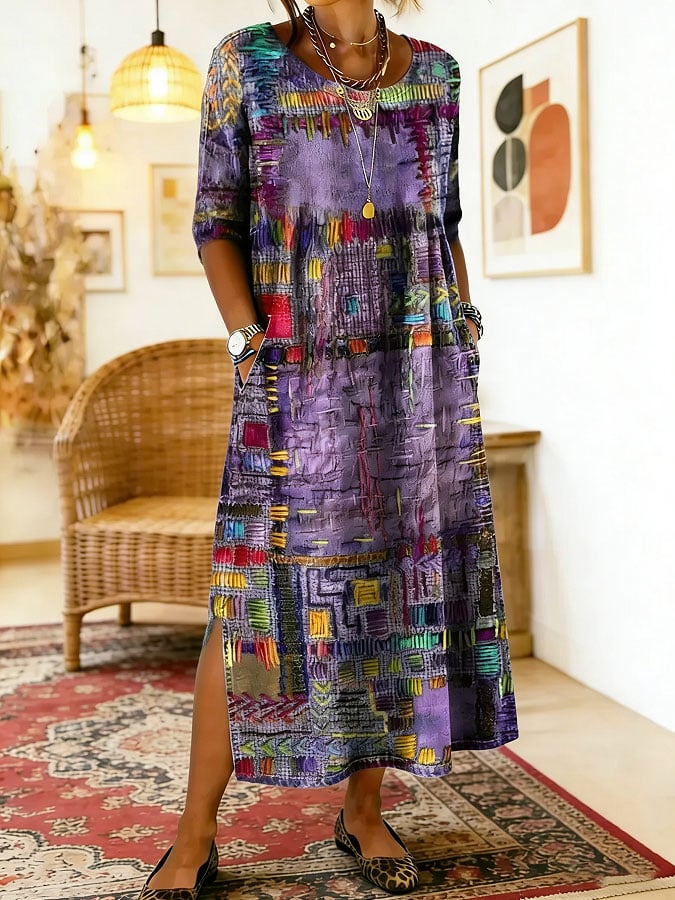 Women's Purple Cotton Linen Loose Dress