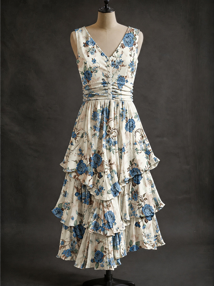 Retro Art Print Vintage V-Neck Button Up Midi Dress
