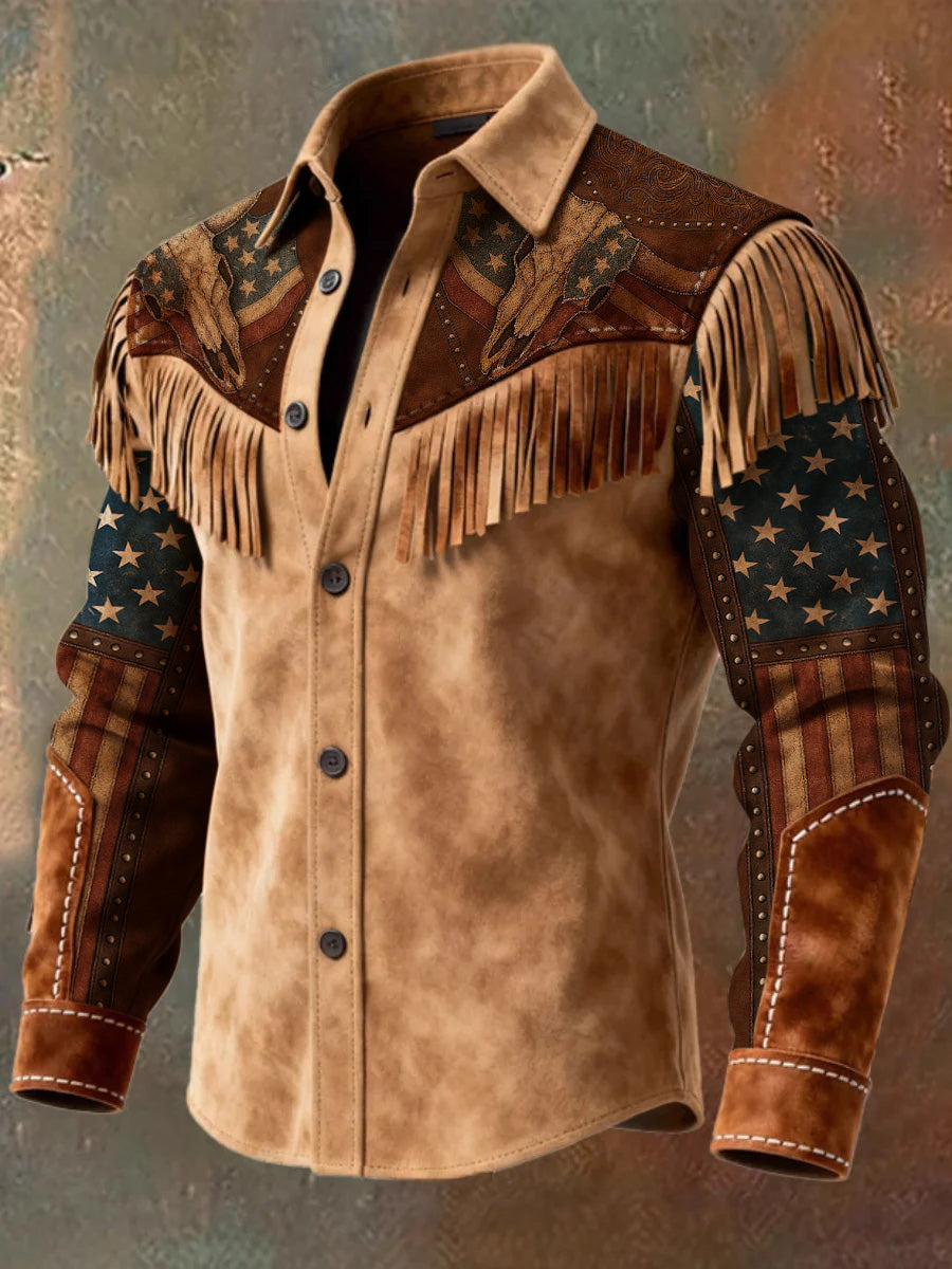 Men's Retro Western Style Art Print Vintage Tassel Casual Long Sleeve Shirt