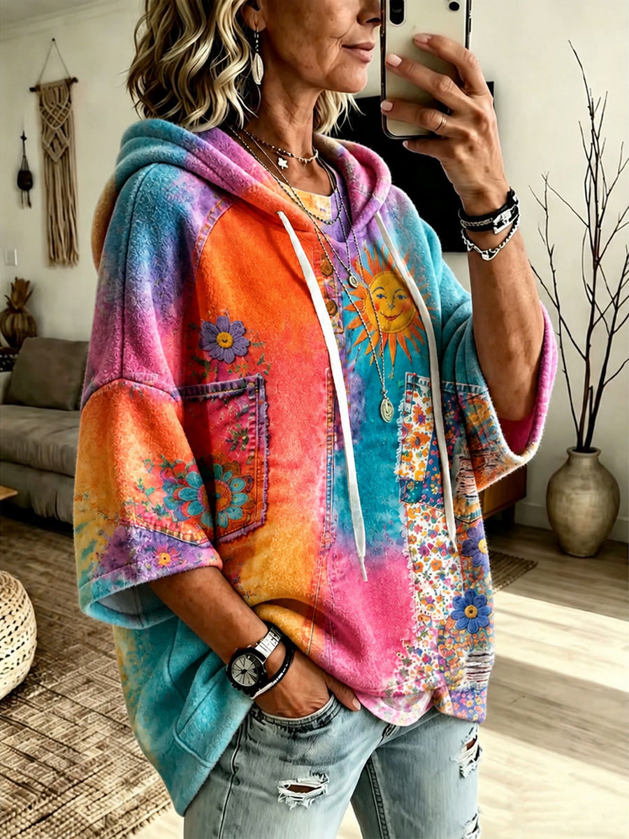 Retro Style Art Printed Casual Short Sleeve Hooded Drawstring Loose Top