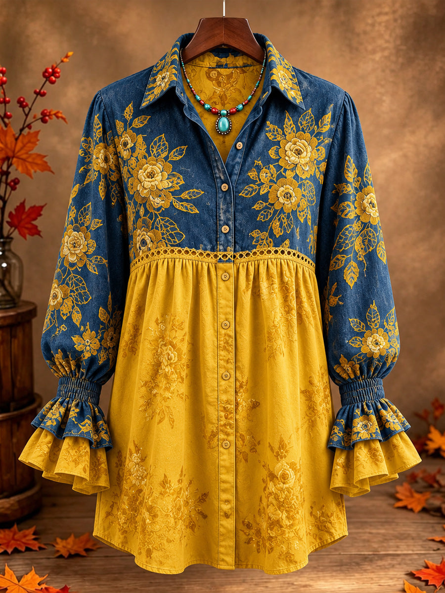 Women's Casual Art Print Retro V-Neck Layered Stitched Long Sleeve Shirt