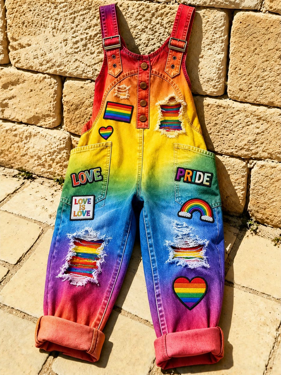 Women's Retro Pride Month Rainbow Art Print Washed Cotton Denim Patchwork Jumpsuit