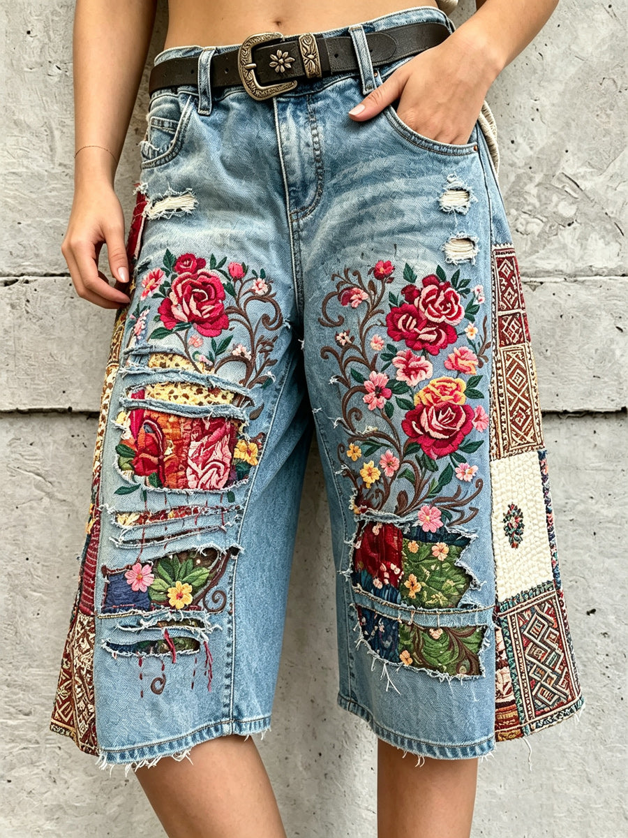 Retro Style Art Print Vintage Casual Denim Fifth Pants