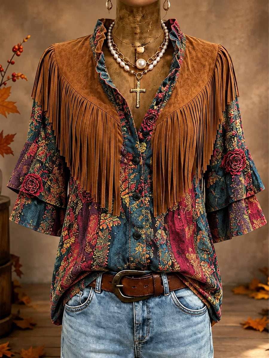 Vintage Ruffle Neck Button Up Tassel Design Suede Top
