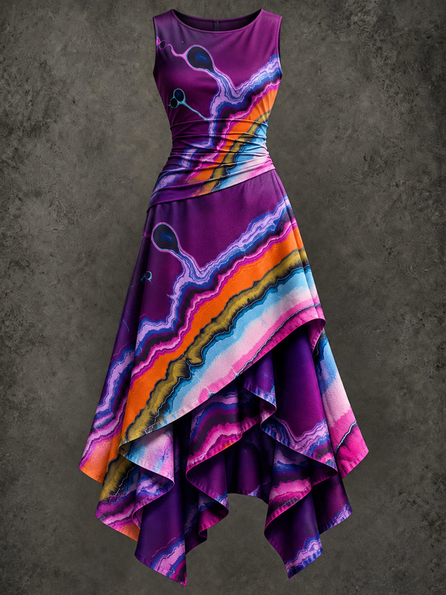 Retro Art Printed Vintage Sleeveless Irregularly Layered Stitched Midi Dress