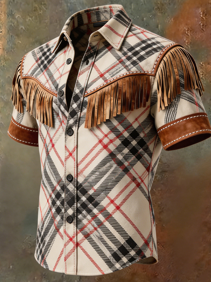Men's Retro Western Printed Vintage Tassel Casual Short Sleeves Shirt