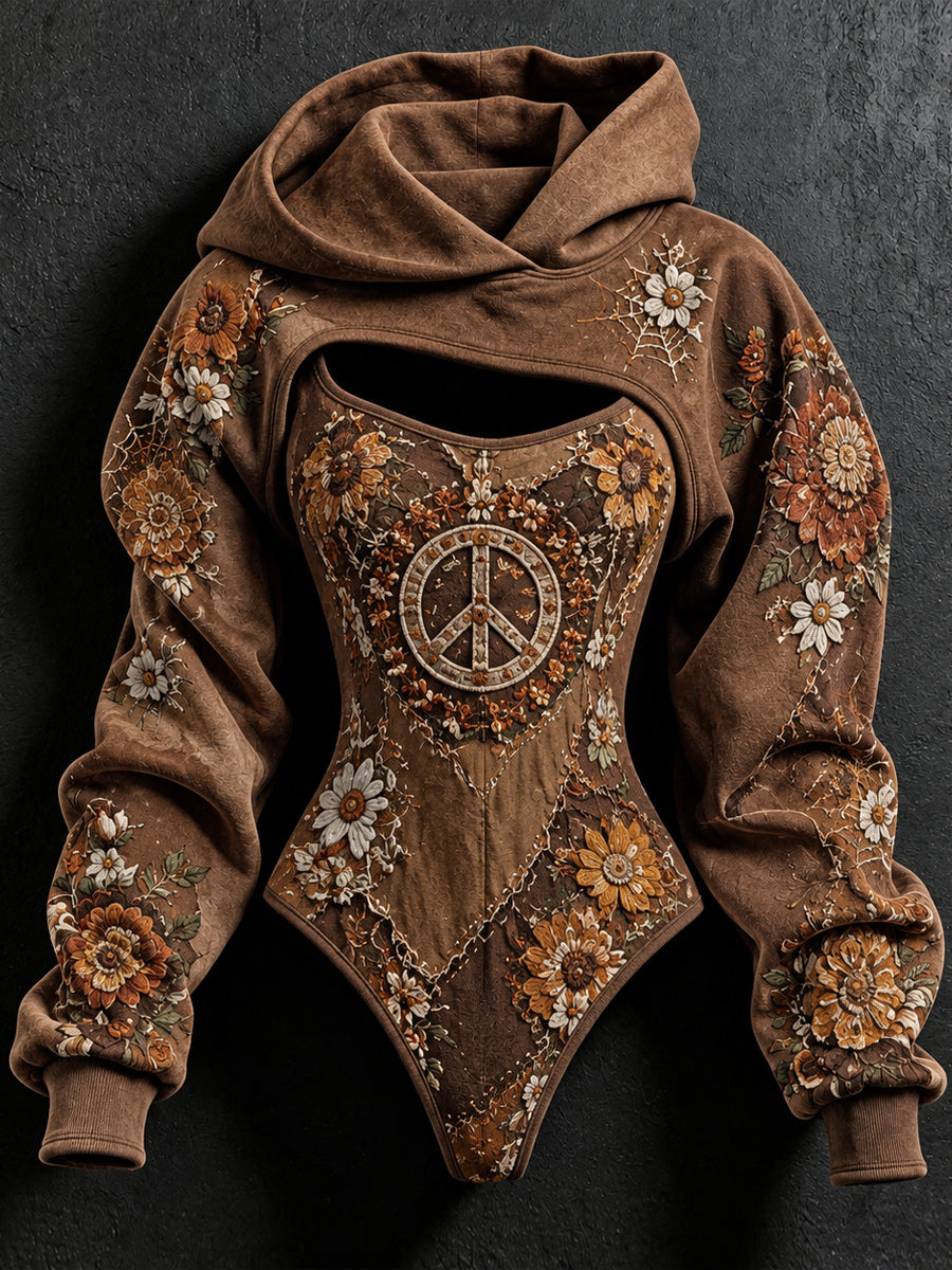 Women's Vintage Art Stretch Bodysuit Hooded Sweatshirt Two-Piece Set