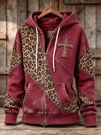 Women's Retro Faith Cross Leopard Print Patchwork Casual Hoodie