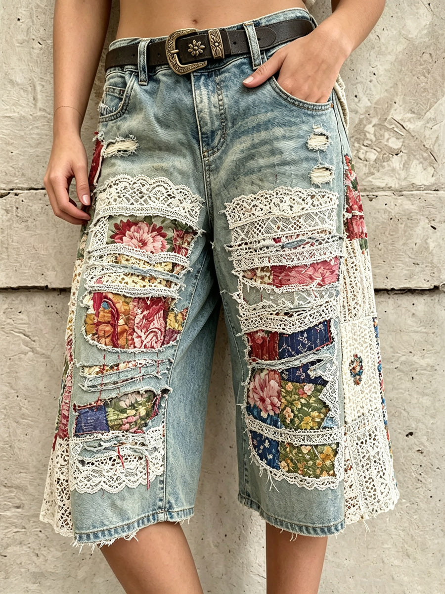 Retro Style Art Print Vintage Casual Denim Fifth Pants