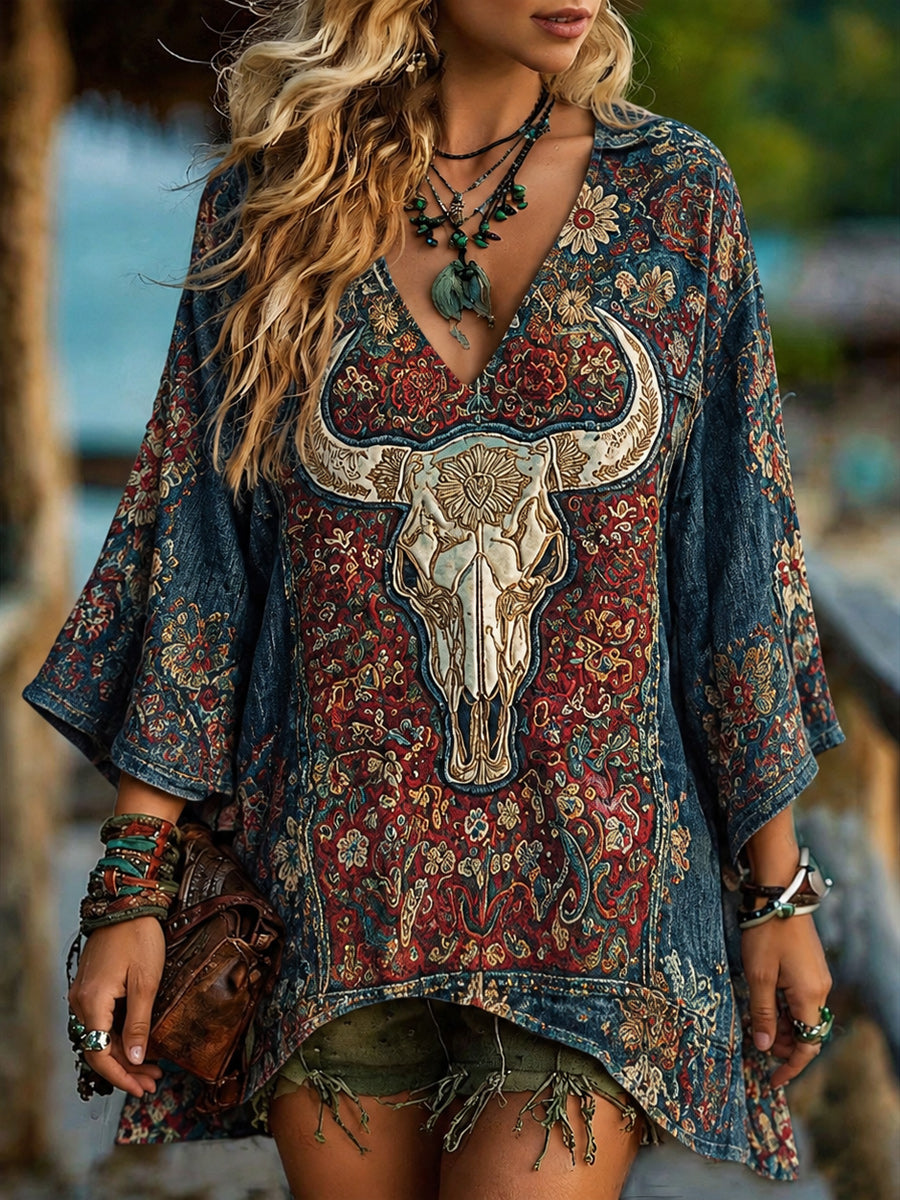 Women's Casual Art Print Retro Washed V-Neck Long Sleeve Top