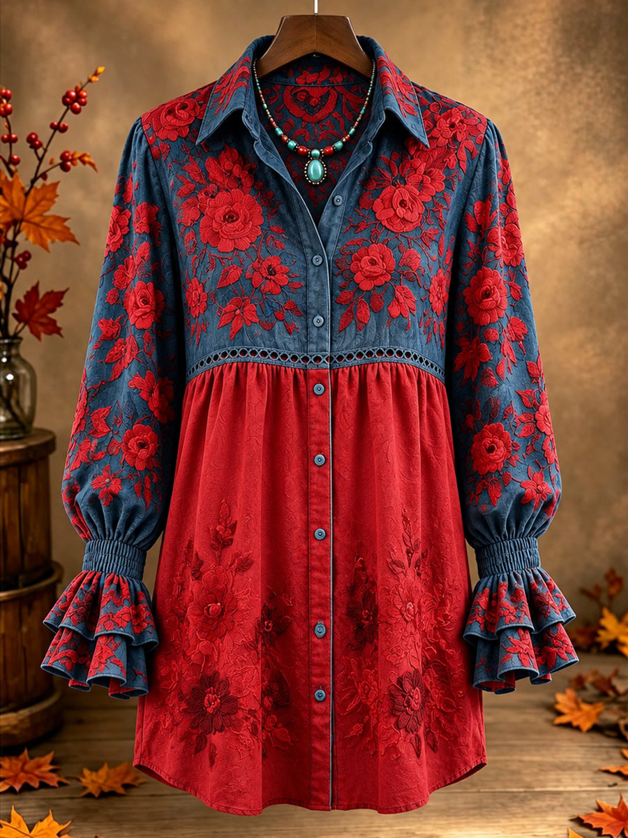 Women's Casual Art Print Retro V-Neck Layered Stitched Long Sleeve Shirt