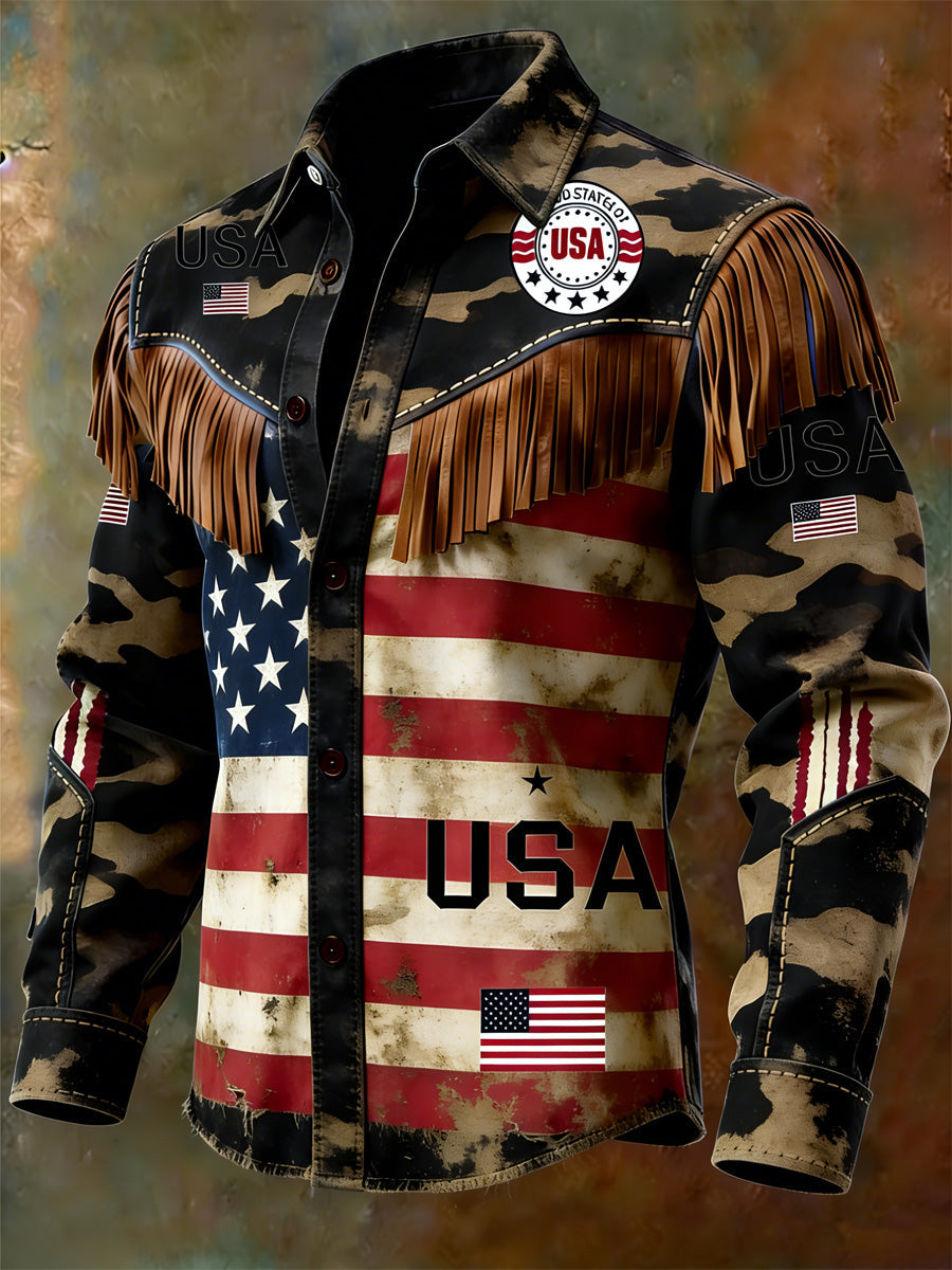 Men's Retro U.S 250 Commemorative Veteran Print Western Vintage Tassel Casual Long Sleeve Shirt