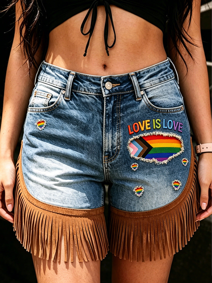 Women's Retro Floral Art Print Casual Leather Fringe Patchwork Pocket Shorts