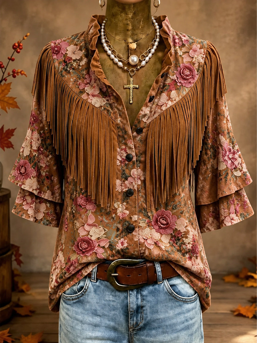 Vintage Ruffle Neck Button Up Tassel Design Suede Top