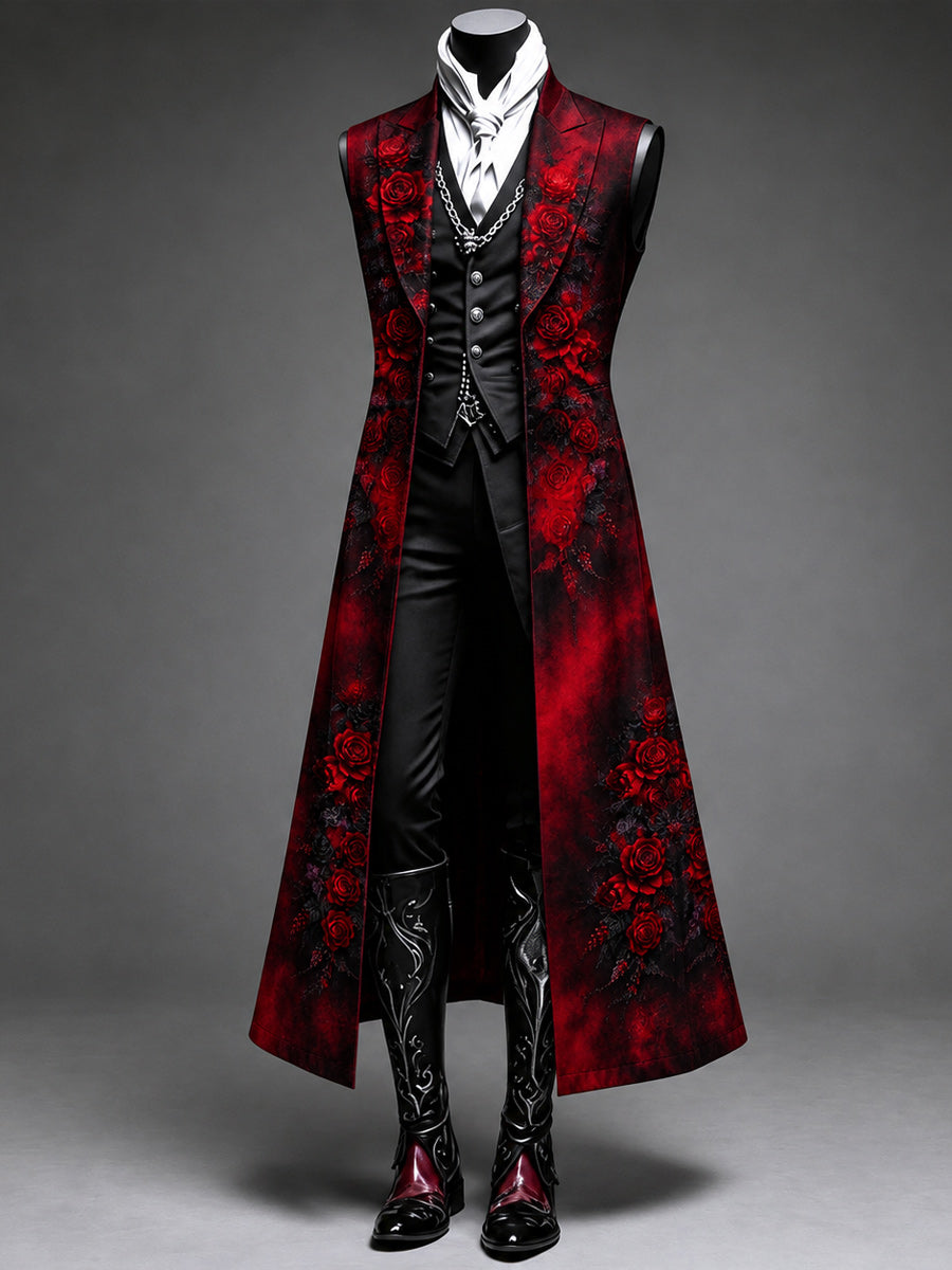 Men's Gothic Punk Art Print Casual Sleeveless Long-Style Suit Blazer Jacket