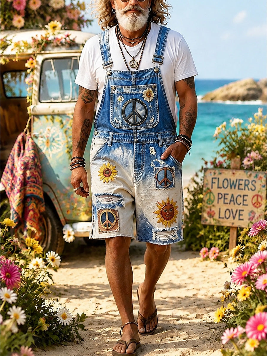 Men's Retro Style Print Washed Cotton Denim Patchwork Jumpsuit