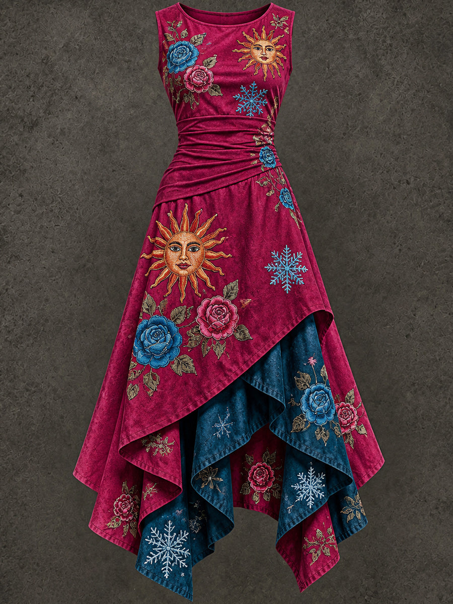 Retro Christmas Art Printed Vintage Sleeveless Irregularly Layered Stitched Midi Dress