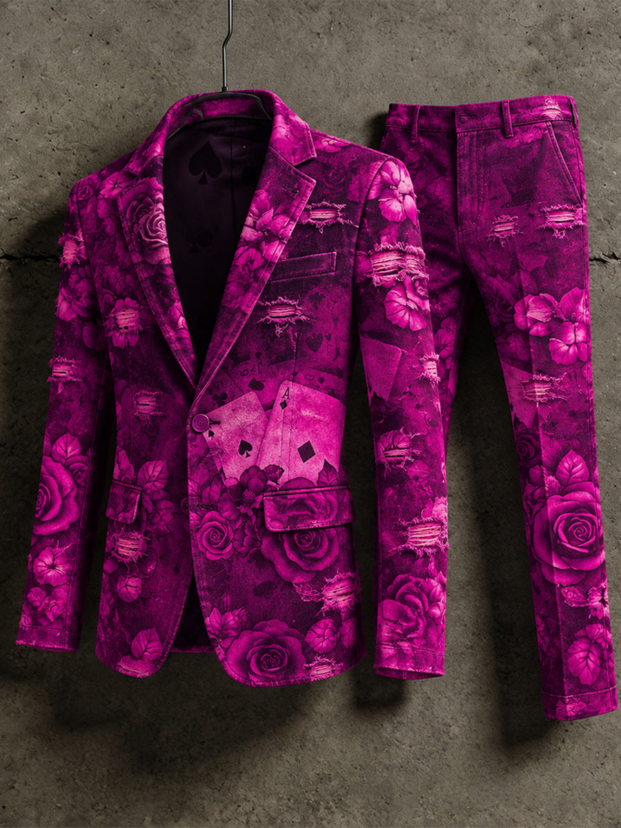 Men's Retro Style Poker Art Print Casual Jacket Trousers Two-Piece Suits