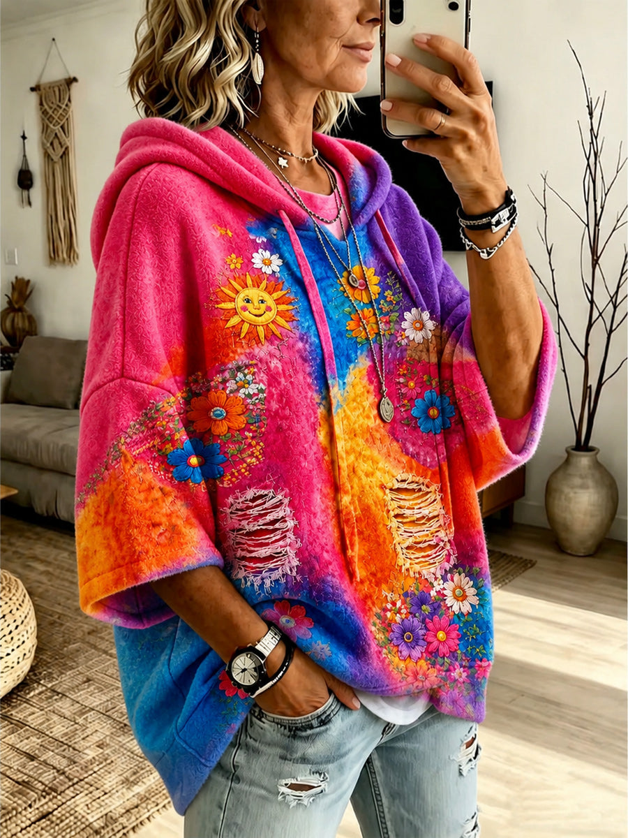 Retro Style Art Printed Casual Short Sleeve Hooded Drawstring Loose Top