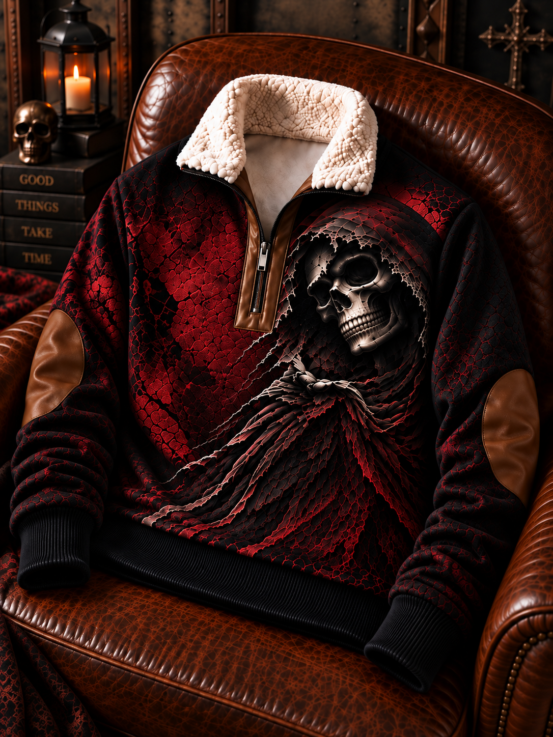 Men's Gothic Skull Jacquard Fabric Zipper Fur Collar Long Sleeve Coat