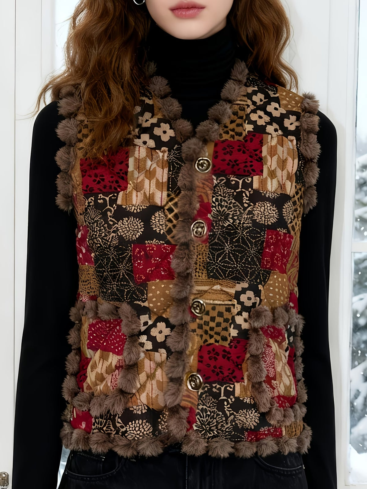 Women's Fall Winter Vintage Art Patchwork Fleece-Trimmed Vest