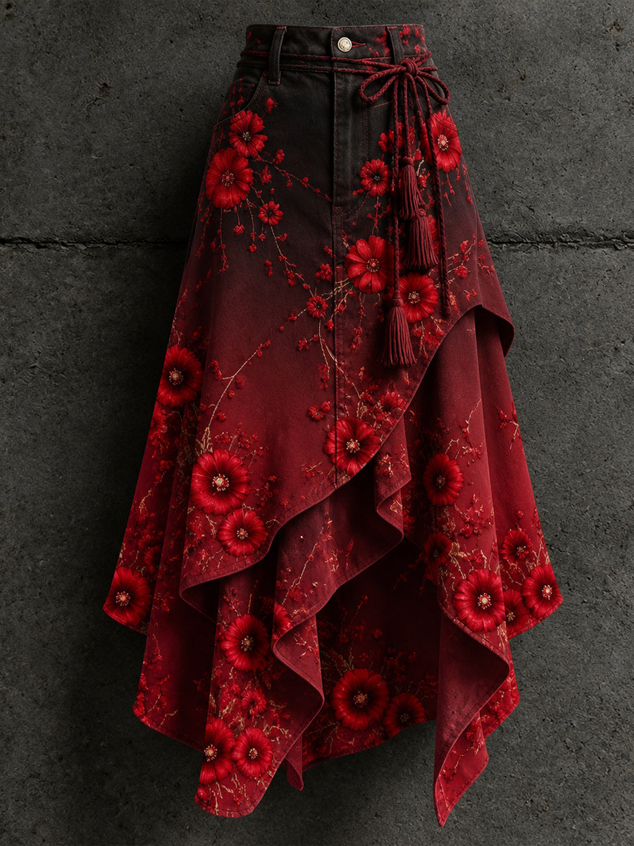 Women's Retro Style Art Print Irregularly Layered Stitched Skirt