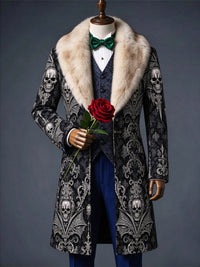 Men's Christmas Art Print Fur Shawl Collar Double Breasted Long Overcoat