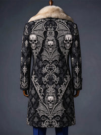 Men's Christmas Art Print Fur Shawl Collar Double Breasted Long Overcoat